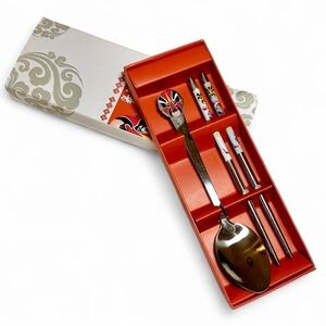 NWOT Chinese Beijing Opera Mask Silver Spoon & Chopsticks Utensil Set Gift Box